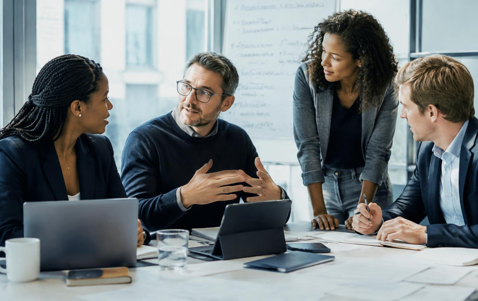 Équipe pluridisciplinaire en séance de travail collaborative